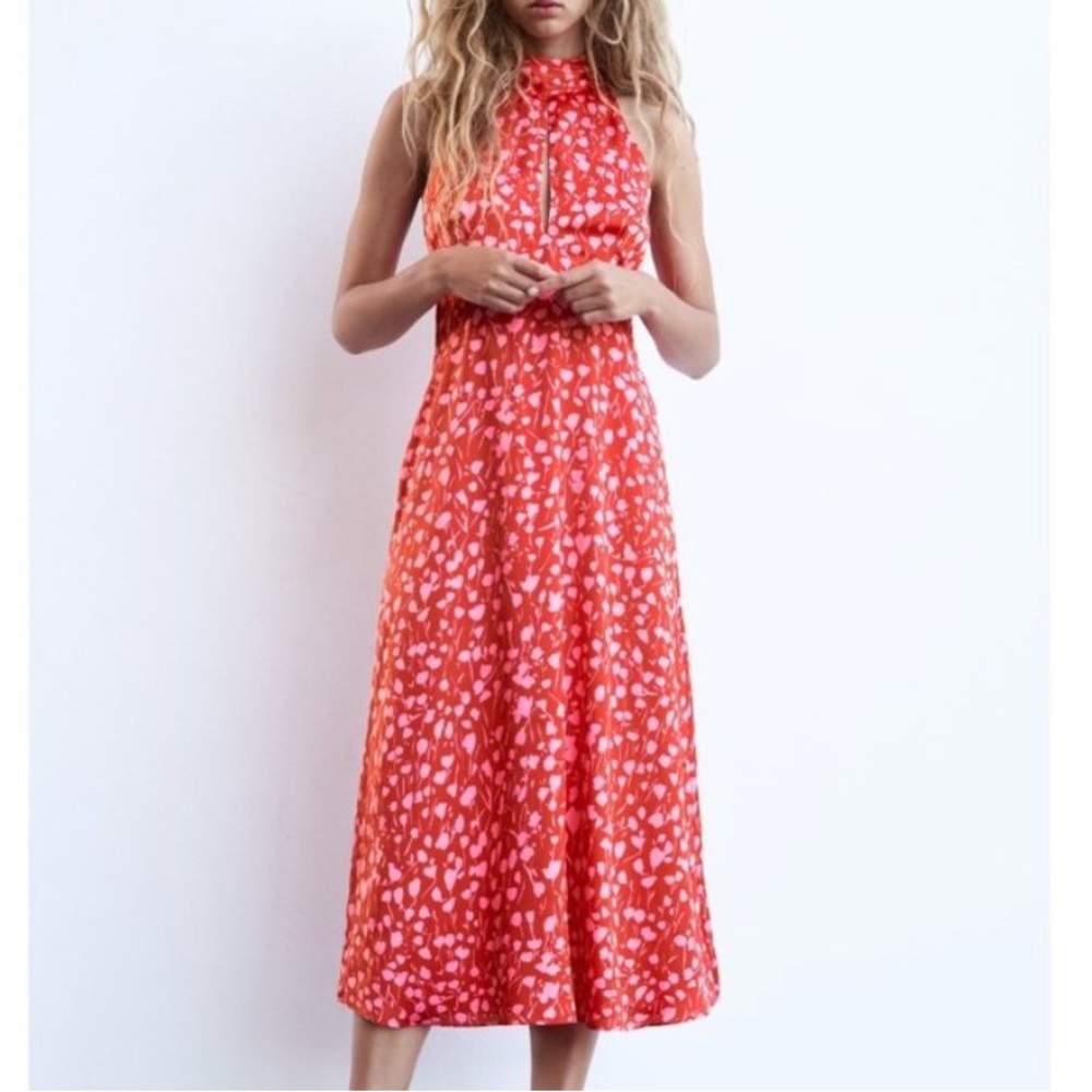 ZARA Red and Pink Floral Satin Halter Midi Dress